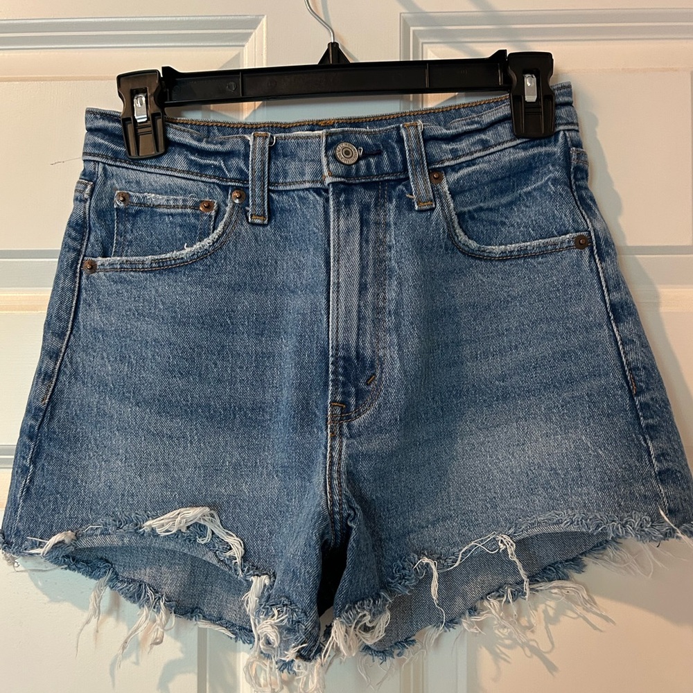 Abercrombie & Fitch Faded Blue High-Rise Frayed Denim Shorts